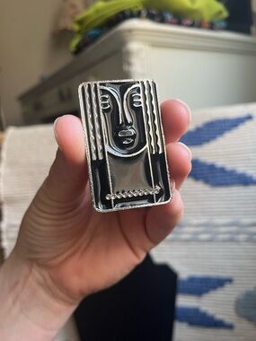 Abstract Face Silver Pewter Black Rectangular Brooch / Pendant